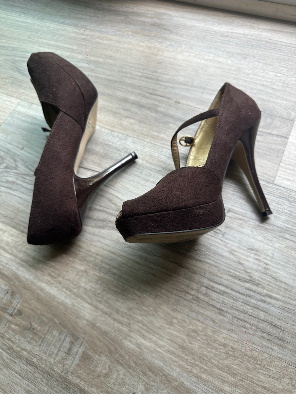 Women's Brown Suede High Heel Pumps with Ankle Strap